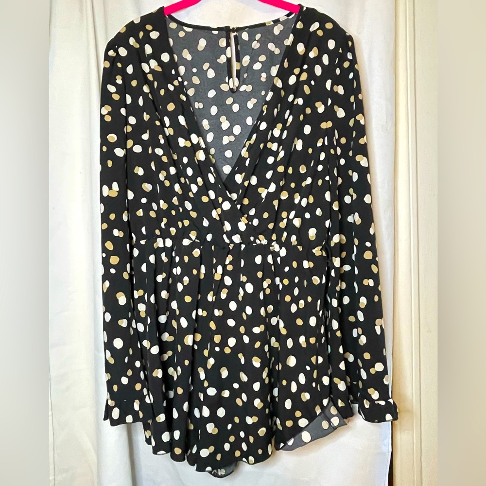 SHEIN Black w/ White & Brown Polka Dots with Flair Sleeves Romper Size XL